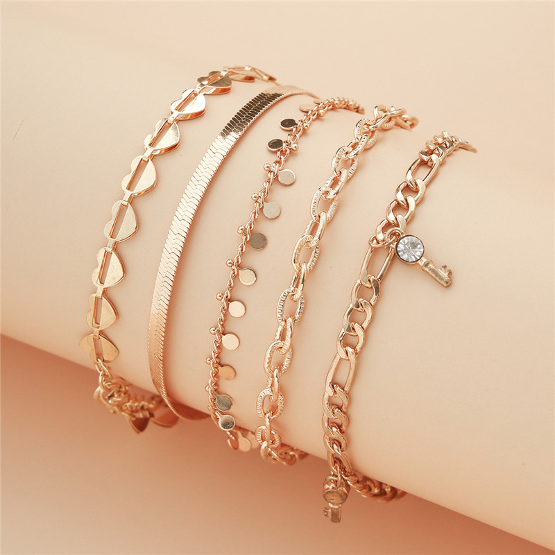 LETAPI 2020 New Fashion Gold Color Bohemia Multilayer Crystal Beads Anklet Set for Woman Fashion Heart Key Summer Beach Jewelry