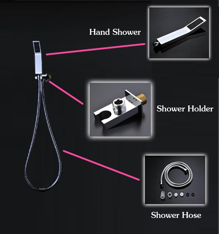 Wall Mounted LED Rainfall Shower Faucet Set Square Shower Head Bathroom Shower Massage Jet Hand Shower Thermostatic Mixer Tap