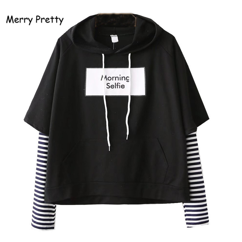 MERRY PRETTY Fake two Pieces Striped Patchwork Hoodies Sweatshirts Autumn Winter Women Letter Print Drawstring Hooded Pullovers