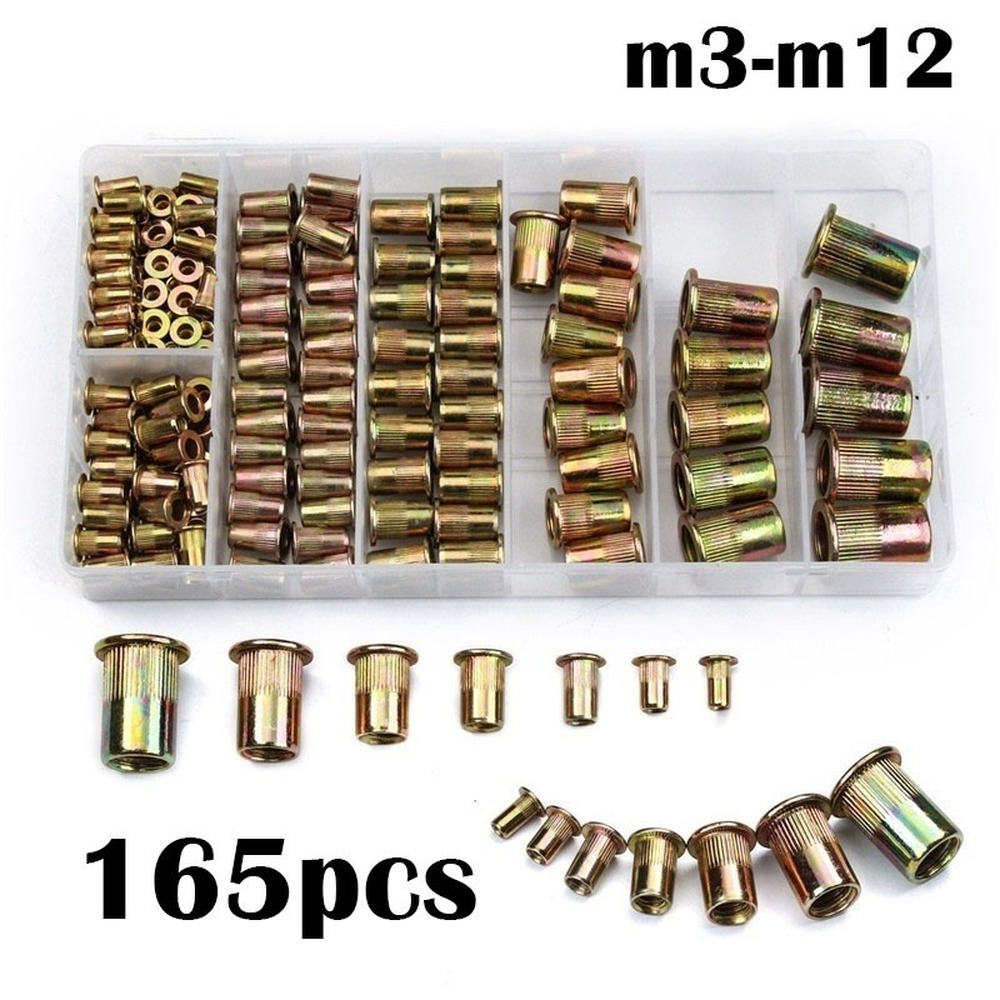 165PCS Carbon Steel Flat Head Rivet Nut Nutsert Screw M3 M4 M5 M6 M8 M10 M12 Hardware Parts Multi Sizes Insert Rivet Nuts