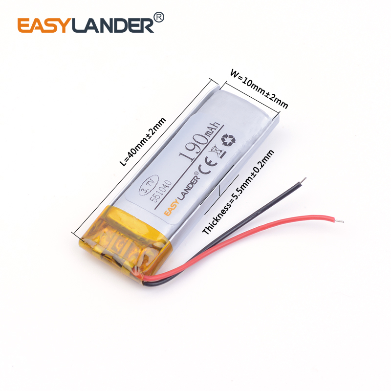 10pcs /Lot 551040 190mah 3.7v lithium Li ion polymer rechargeable battery brand MP3 MP4 Battery Bluetooth mouse battery camera