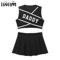 Womens Femme Schoolgirl Daddy Charming Cheerleader Uniform Halloween Cosplay Costume Crop Top with Mini Pleated Mini Sexy Skirt