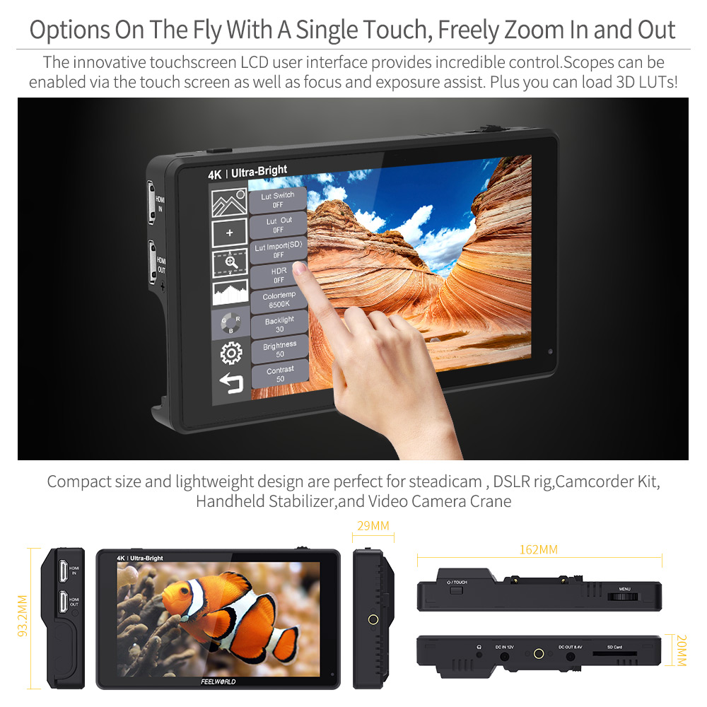 FEELWORLD LUT6 6s Inch 2600nits HDR 3D LUT Touch Screen on Camera Field DSLR Monitor with Waveform VectorScope for Youtube Live