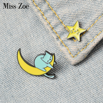 Good Night Enamel Pins Custom Moon and Star Brooches Lapel Pin Shirt Bag Cute Animal Badge Fun Cat Jewelry Gift KidsFriends