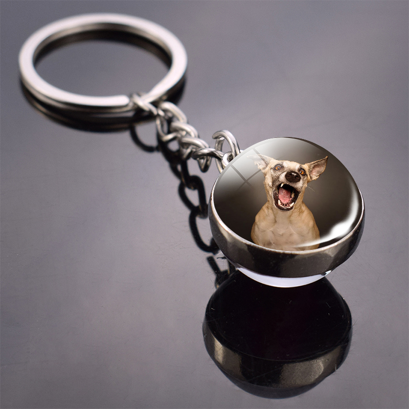 Cute Animals Key Chain Dog King Ring Double Side Glass Ball Keychain French Bulldog Labrador Pendant Dog Keyring