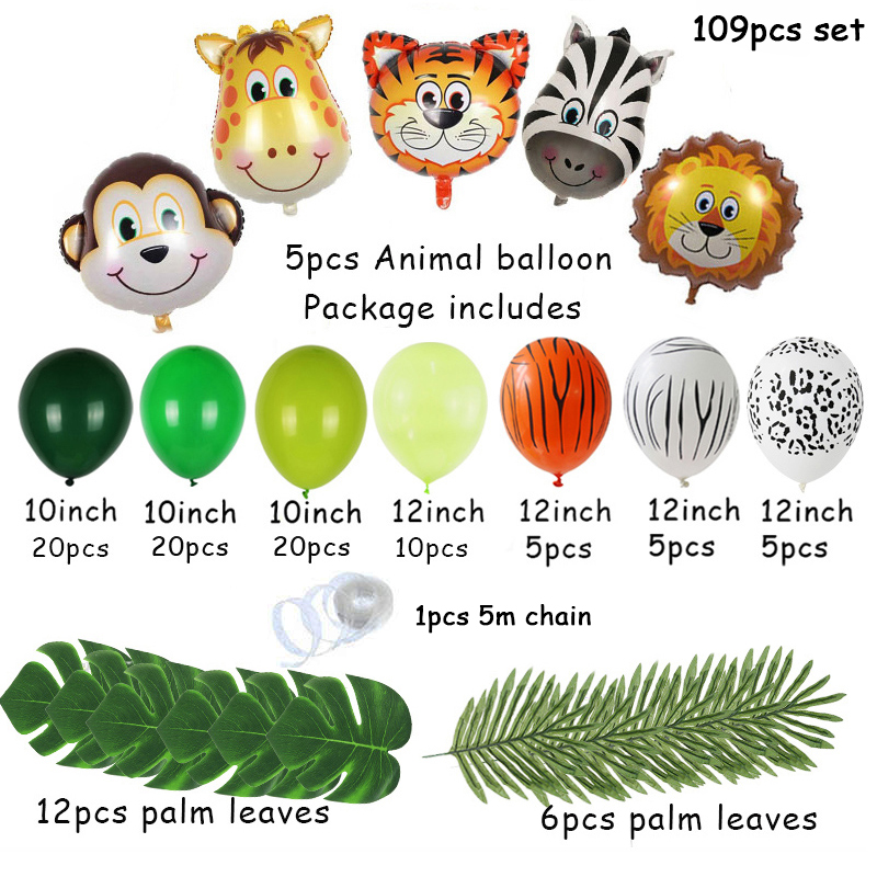 109pcs Palm Leaf Animal Balloons Garland Arch Kit Jungle Safari Party Supplies Favors Kids Birthday Party Baby Shower Boy Decor