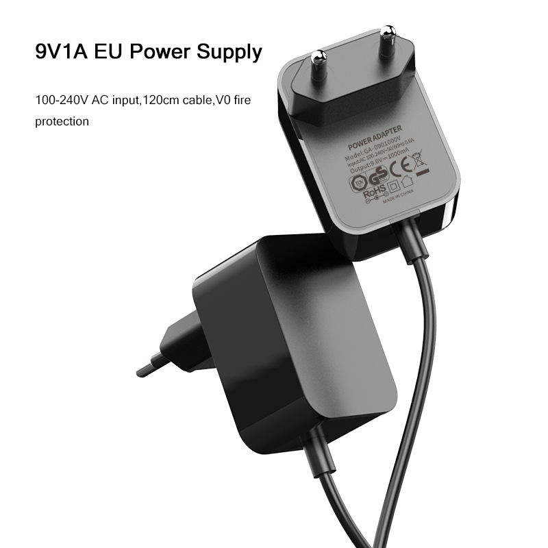 9V 1A CE/GS Certification Power Adapter EU Plug DC Output 90-240V AC Input 150cm Cable Charger Supply
