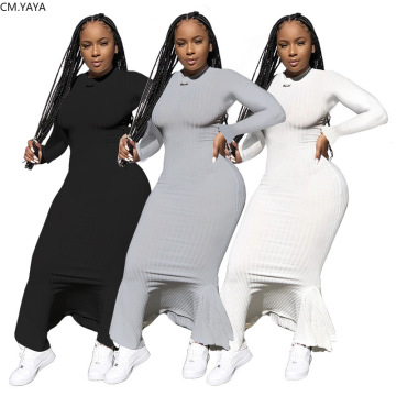 CM.YAYA New Women Knitted Ribbed Long Sleeve O-neck Bodycon Mermaid Midi Maxi Dress Vintage Night Party Long Dresses Vestidos