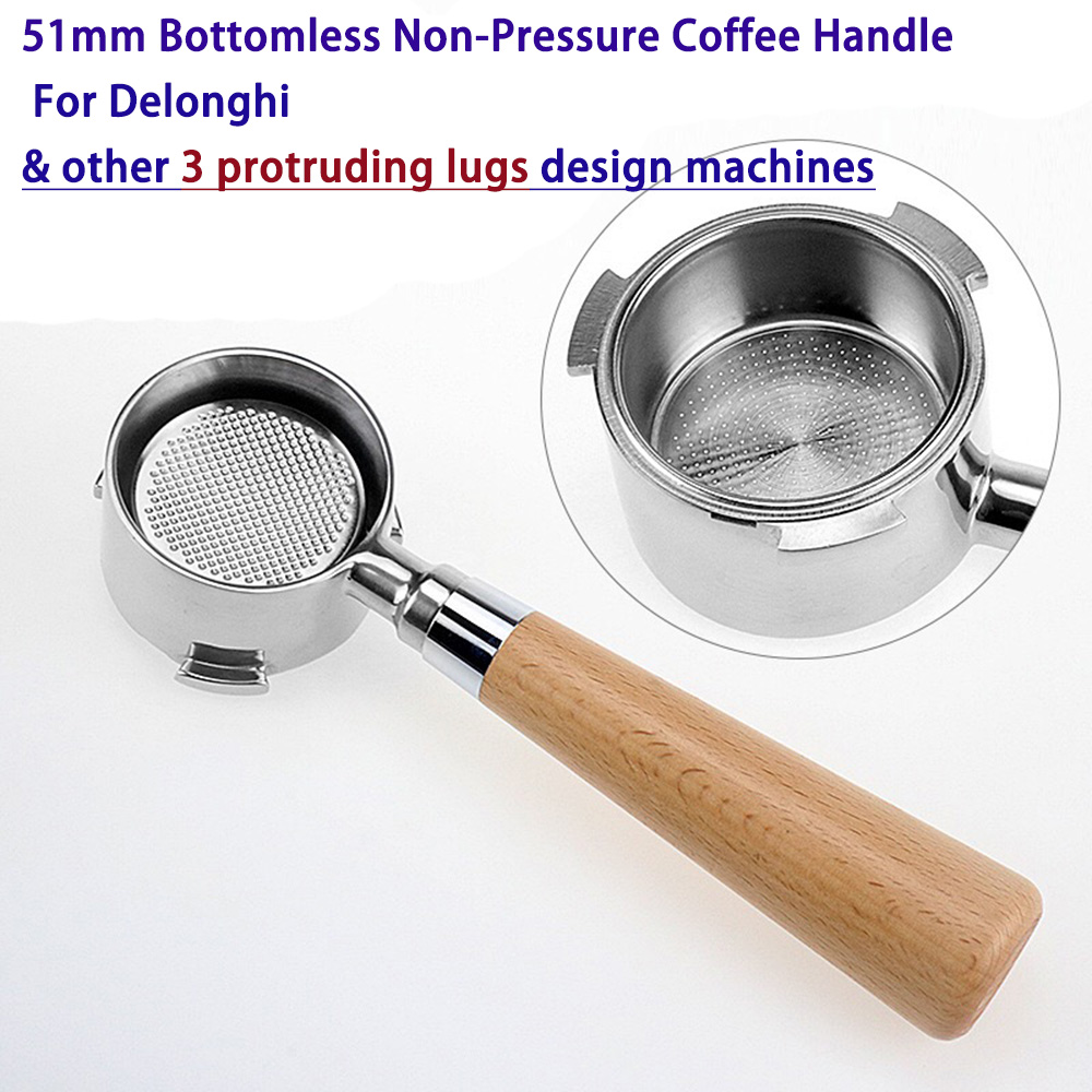 51mm Bottomless Coffee Handle with Non-Pressure Filter Basket For Espresso Coffee Machine Stainless Steel Parts 3 lugs handle