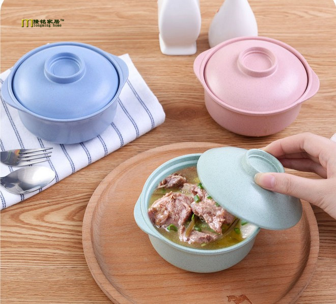 1PC Pure natural wheat straw Lovely Lunch Tray Dishes Soup Bowl with Lid Dinnerware Creative Plate Plastic Tableware LF 132