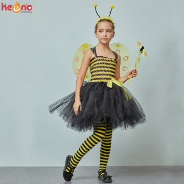 Children Bumble Bee Costume Set Girls Tutu Wings & Headband Yellow Black Kids Fancy Dress Halloween Dress Up Party Clothes