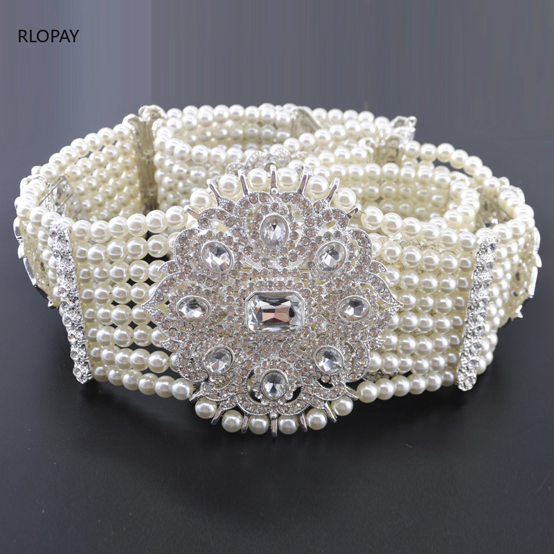 Handmade Pearls Bridal Belt Sash Silver Metal Flower Belt Buckle Rhinestone Sash Arab Luxury Long Wedding Belts