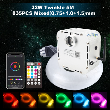 32W RGBW 4-speed Twinkle LED Fiber Optic Light APP Bluetooth Music RF Remote 5 Meters 835 strands Mixed-size Cable Star Ceiling