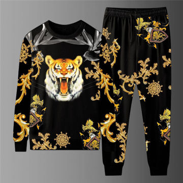 2020 new youth domineering men's 3D tiger head printing long-sleeved T-shirt trousers 2-piece set men's autumn suit trend