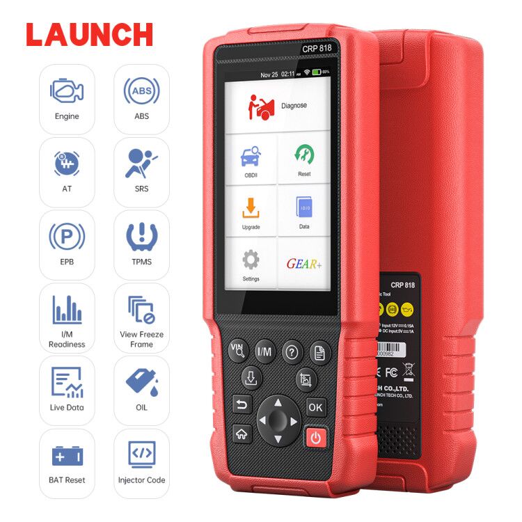 Original Launch CRP818 All Systems Diagnostic Tools ABS Bleeding ETS Reset DPF REG TPMS Reset Injector Coding OBD2 Scanner