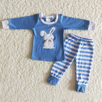 Baby Boy Easter Fall Winter Clothes Long Sleeve Embroidery Rabbit Bunny Blue Striped Pants Outfit Sleepwear Children Pajamas Set