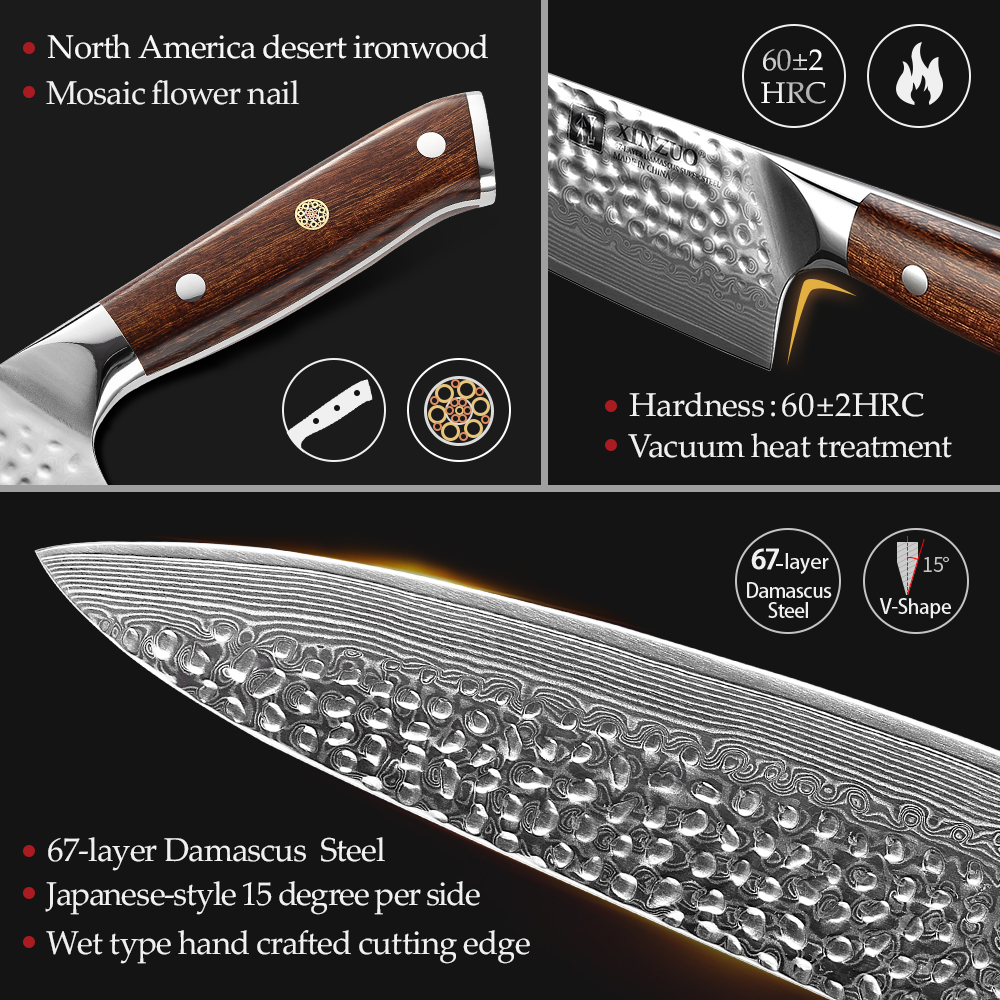 XINZUO 8.2 in Professional Chef Knives VG10 Damascus Pattern Steel Fish&Meat Santoku Slicing Japanese Kitchen Knife