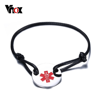 VNOX Medical Alert ID Star of Life Bracelet Stainless Steel Coin Black & Red Rope Bangle Adjustable Size 5.5