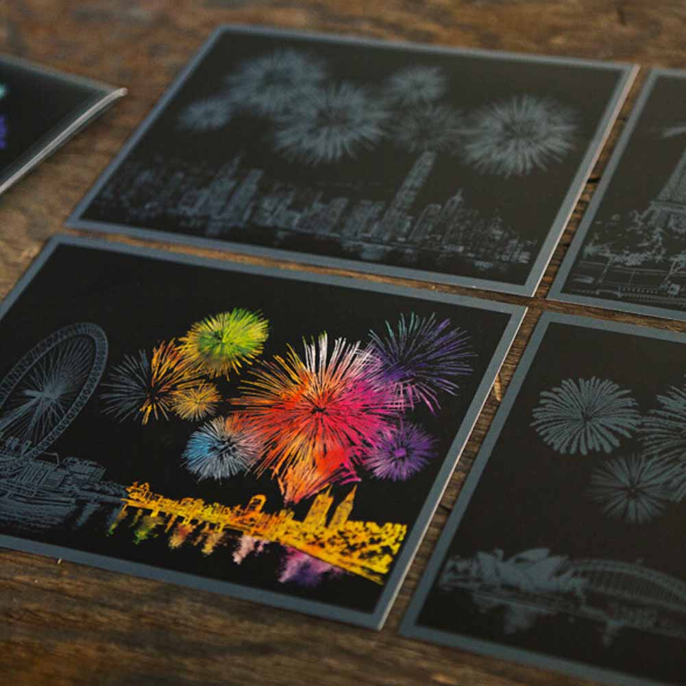 Magic Engraving Art Colorful Night View Set Scratch Craft Drawing Paper Pen Set 4pcs Postcard with 1pc Scraper Fireworks Pattern