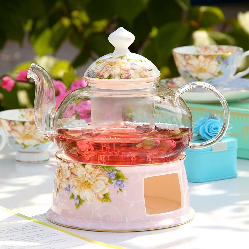 Glass Teapot Ceramic Tea Warmer Stove Suit Bone China Flower Tea Pot Heat-resisting Glass Teaset