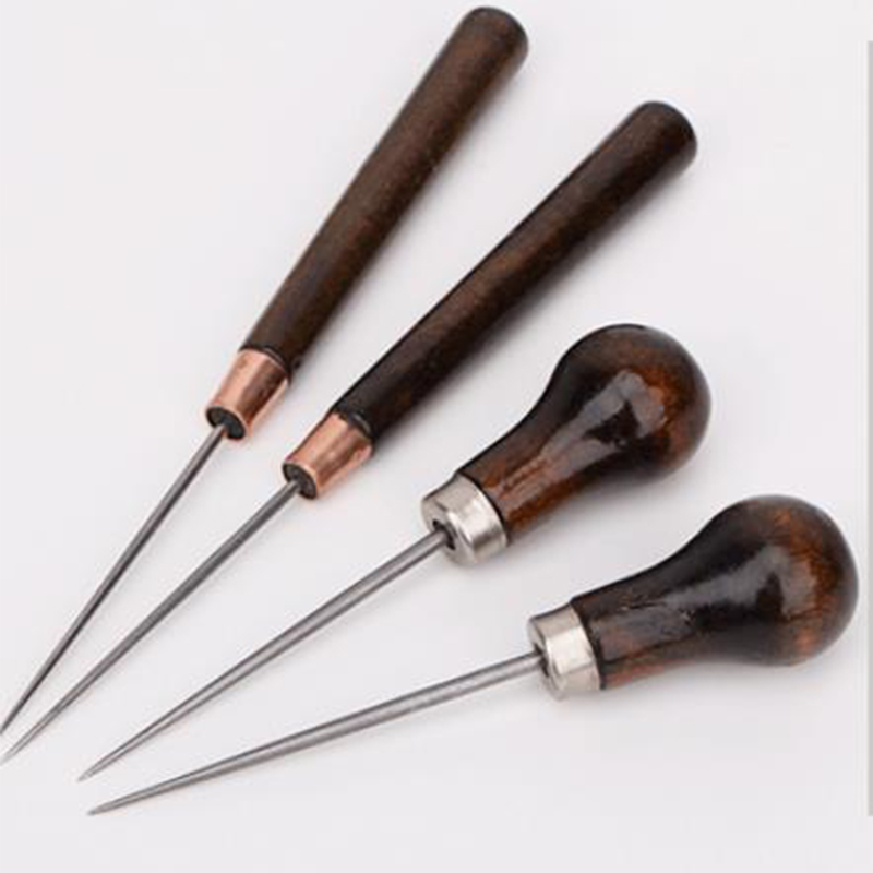 2pcs Leather craft Stitching Awl Round Wooden Handle Cloth Sewing Punch Tool Household Supplies