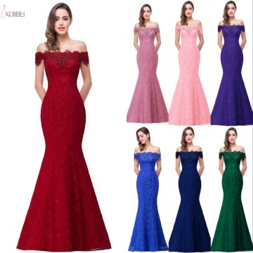2019 Burgundy Lace Mermaid Long Bridesmaid Dresses Off The Shoulder Beading Wedding Party Gown