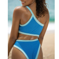 One-shoulder Women Swimsuit Sexy Patchwork One-piece Suit Blue Ribbed Swimwear Sport Hollow Monokini High Waist Beach Wear New