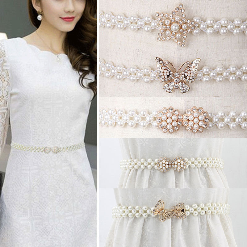 2020 Women Gilr Luxury Elegant Waistband Elastic Crystal Pearl Beading White Fashion Buckle Waist Band Belt For Dress Clothes