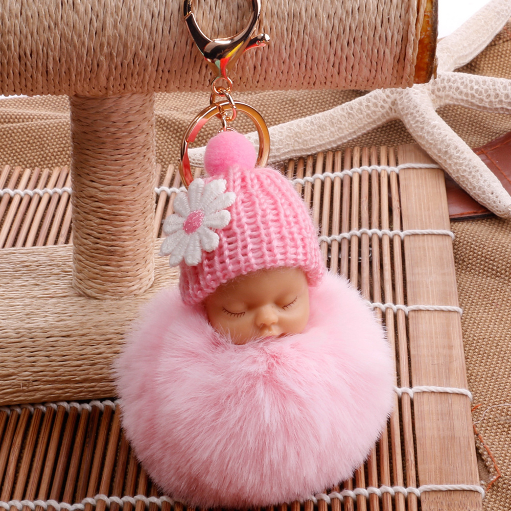 Baby Doll Toy DropshipCute Sleeping Baby Doll Key Chains For Women Bag Toy Key Ring Fluffy Pom pom Faux Fur Plush Keychains