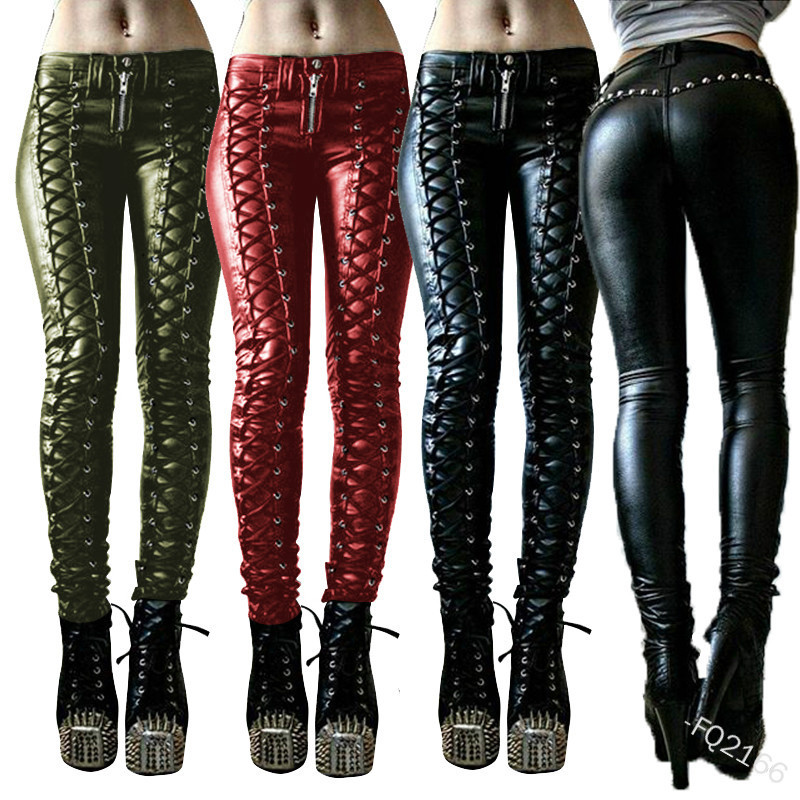 5XL Large Size Punk Gothic PU Leather Pencil Pants Women Sexy Skinny Lace Up With Rivet Zipper Medieval Retro Viking Long Pants