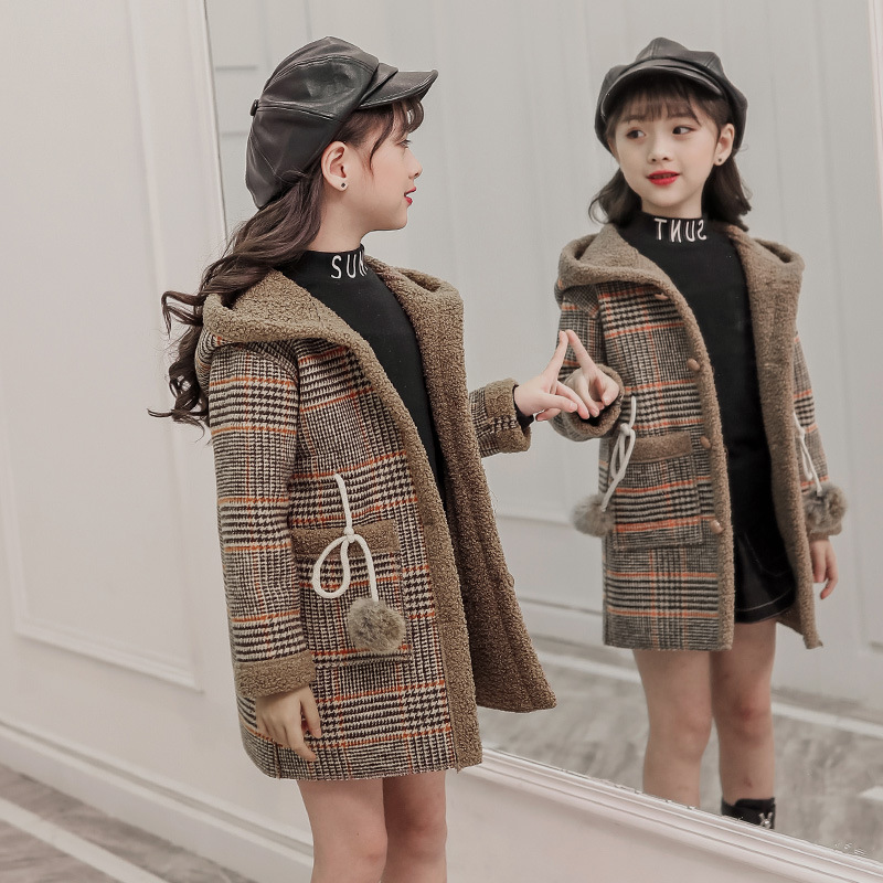 Kids Wool Coats Winter Girls Blends Jackets Clothing V-Neck Long Plaid Single Breasted Preppy Style Children Outerwear Clothes67