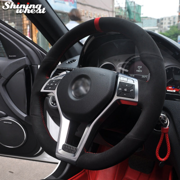 Hand Sew Black Suede Red Marker Steering Wheel Cover for Mercedes Benz A-Class 2013-2015 CLA-Class 2013 2014 C-Class 2013
