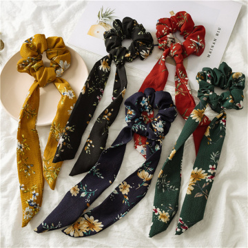 Boho Flower Print Scrunchie Hair Accessories For Women Fashion Ethnic Long Ribbon Elastic Hair Band Girl Ponytail Holder Tie Gum