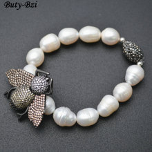 Outstanding Paved CZ Metal Bee Insect Charm Natural Fresh Water Pearl Potato Beads Stretch Bracelets Party Jewelry