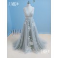 UMK 2020 Gray Beach Lace Boho Wedding Dress Sexy V Neck Open Back Wedding Gowns Chic Tulle Appliques Vestido De Noiva