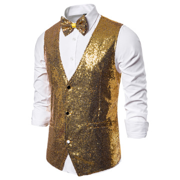 Shiny Gold Sequins Suit Vest Men 2020 Brand Single Breasted V Neck Vest Waistcoat Men DJ Nightclub Singers Gilet Homme Costume