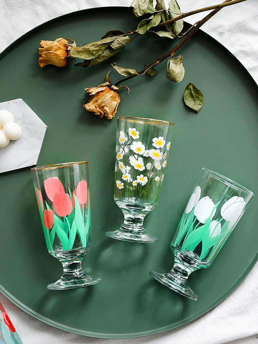 Tulip Cup Glass Japan and South Korea Hand-Painted Tulip Flower Crystal Glasses Household Heat-Resistant Drinking Cups