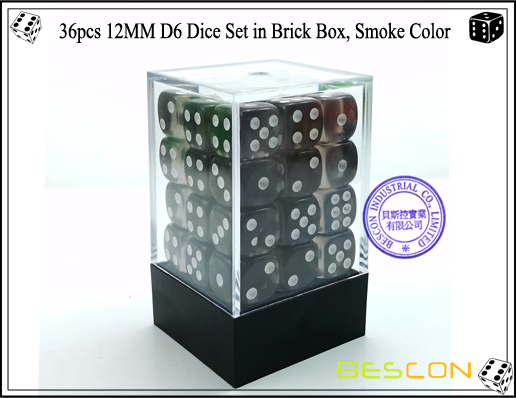 36pcs 12MM D6 Dice Set in Brick Box, Smoke Color