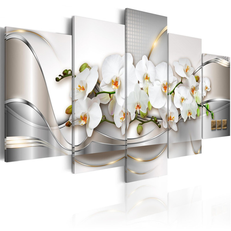 5 Pieces White Orchids Blossom Prints Posters Wall Painting Metal Sense Wall Art Flowers Canvas Painting Living Room Home Decor