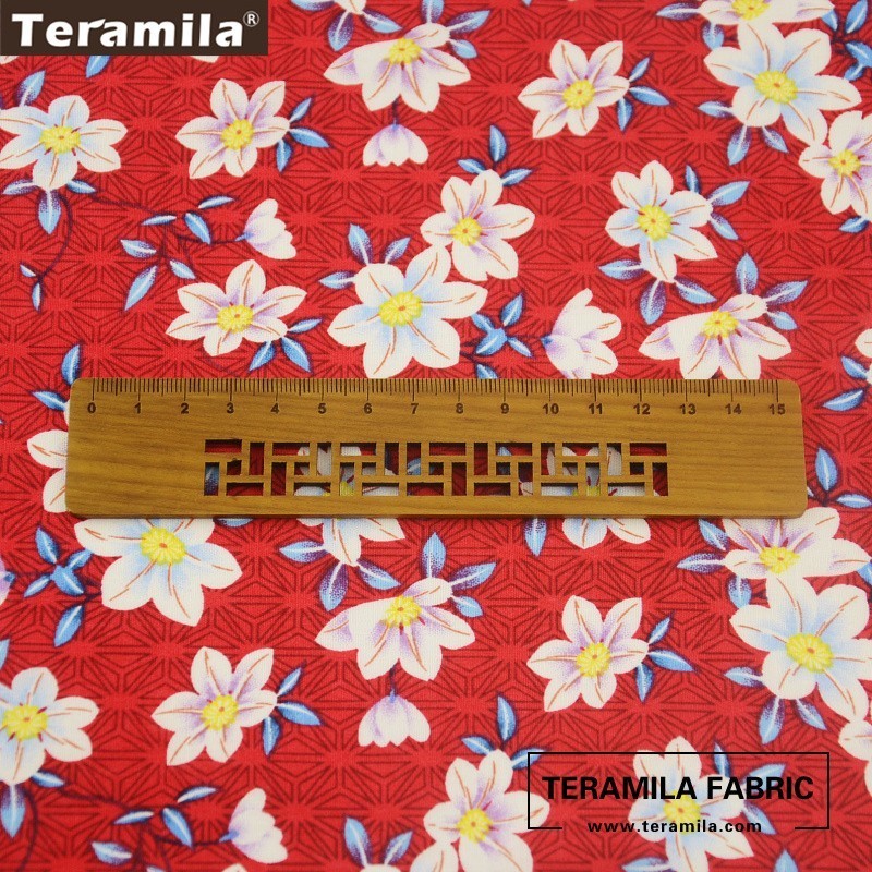 Teramila Cotton Poplin Fabric Red Fat Quarter Meter Textile Tissue Printed Lily Flowes Style Cloth Dress Shirt Quilting tecido