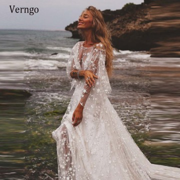 Verngo Sparkles Counting Stars Beach Wedding Dress Boho Lace Shine Beads Long Sleeves Modern Bohemian Bridal Gowns Glisten 2021