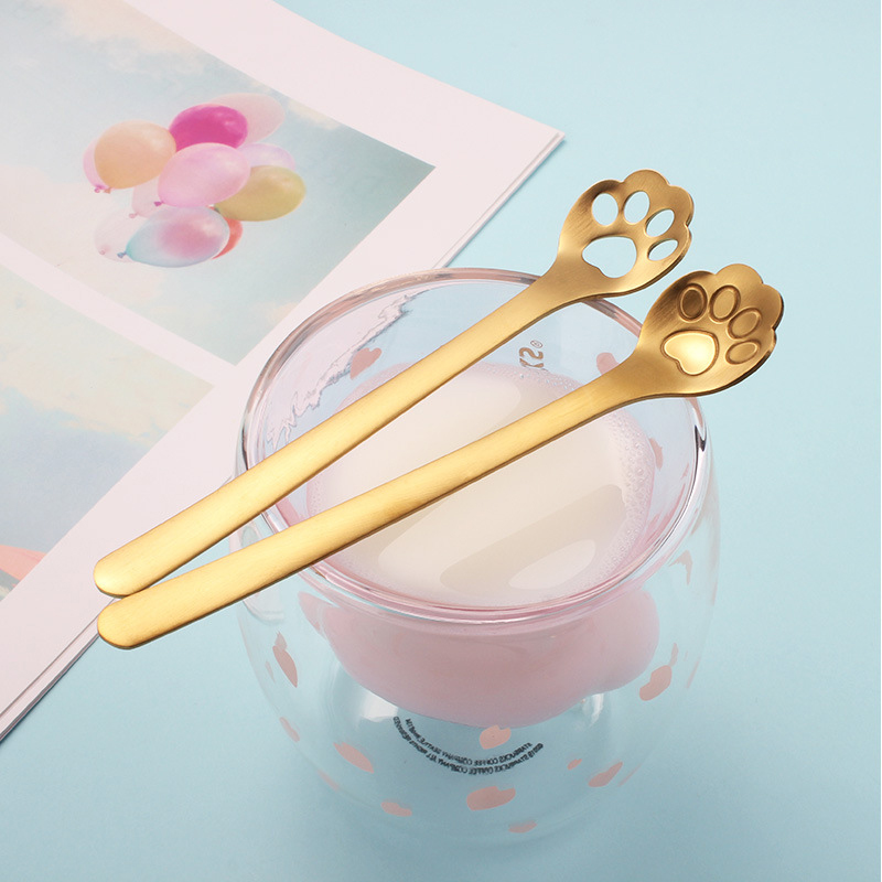 1pc Stainless Steel Cat Claw Spoon For Coffee Tea Dessert Kids Tableware Hollow Craft 3 Colors Spoon New Year Kitchen Supplies