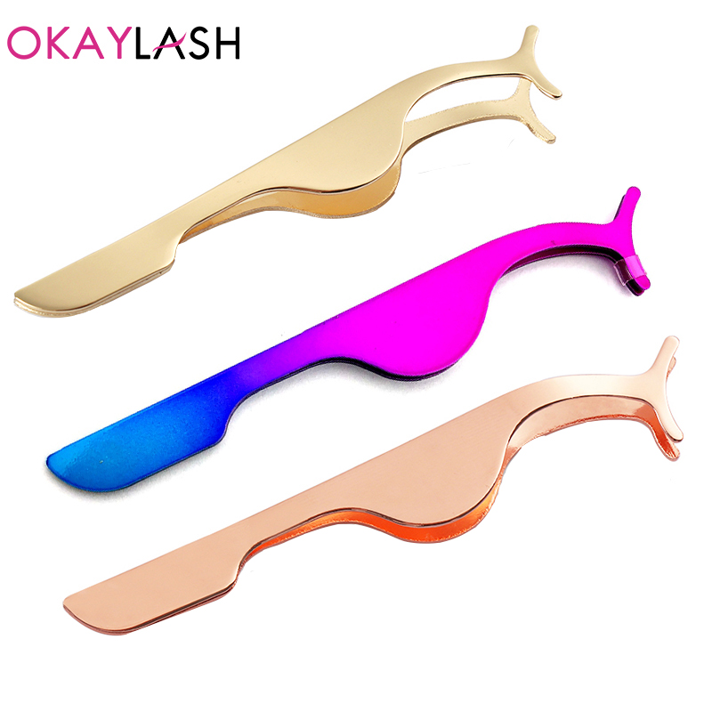 OKAYLASH Luxury High Quality Stainless Rainbow Color Eyelash Tweezers Rose Gold Eye Lash Clip Applicators Beauty Makeup Tools