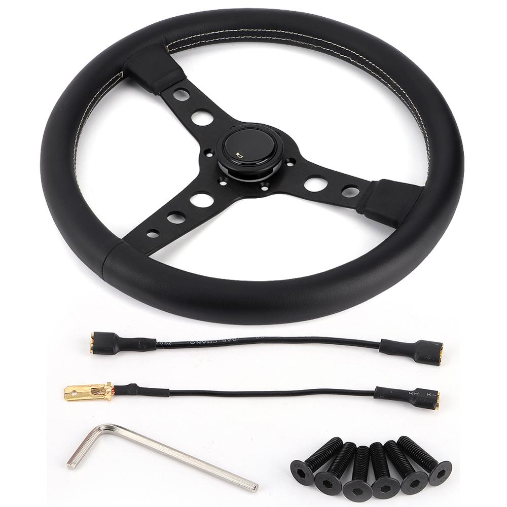 350mm/14in for MOMO Prototipo Style 6-Bolt Black Leather Racing Steering Wheel Gray Stitching with Horn Button Car Accessories