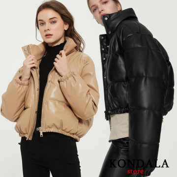 KONDALA Women Jackets Za 2020 Streetwear PU Winter Thick Bubble Jackets Oversized Glossy Solid Bat Sleeved Female Coats Chic Top