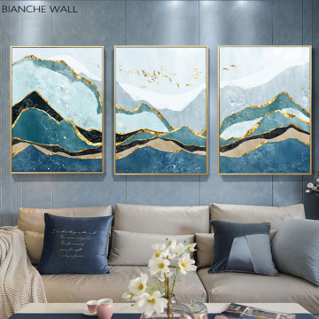 Abstract Mountain Bird Canvas Art Poster Nordic Print Blue Landscape Painting Modern Wall Picture for Living Room Decor
