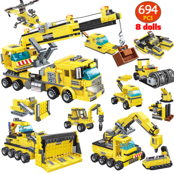 694PCS Engineering Crane Excavator Car Building Blocks DIY City Technic Construct Truck Roller Figures Bricks Toys For Children