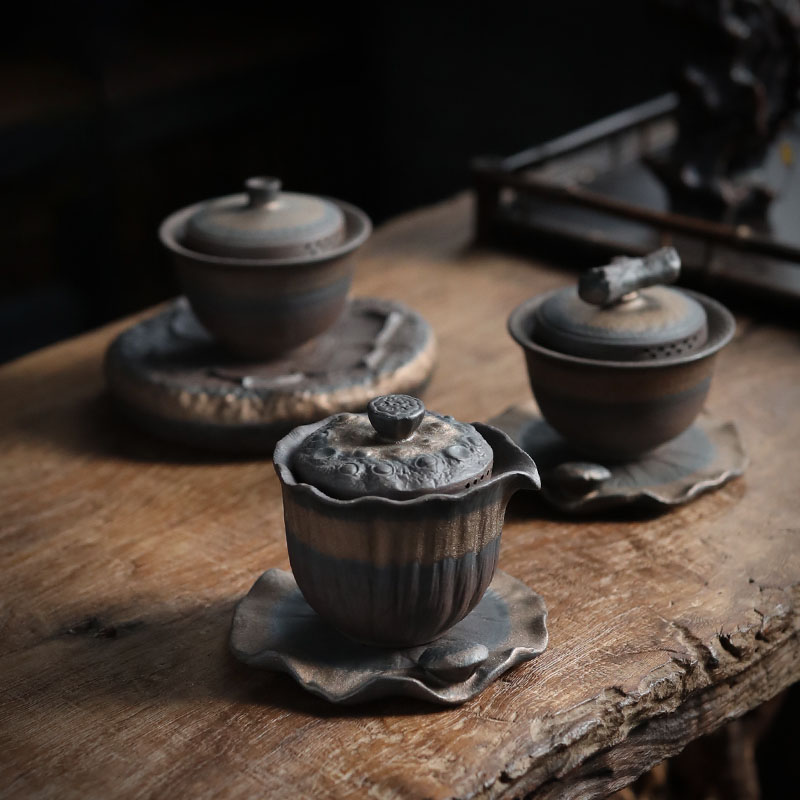 Vintage Ceramic Gaiwan Tea Cup Handmade Tureen Lid Bowl Chinese Tea Bowl Saucer Jingdezhen Tea Set Kung Fu Personal Teaup