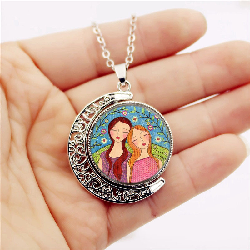 Fashion Moon Glass Dome Double Side Rotate Charm Wolf Whistling Month Jewelry Pendant Necklace Women Clavicle chain Accesories