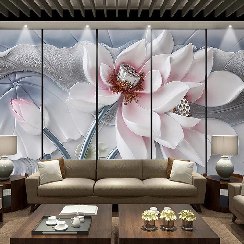 Custom 3D Wall Murals Wallpaper Lotus Relief Living Room Sofa TV Background Wall Decor Painting Wallpaper Flower Papel De Parede